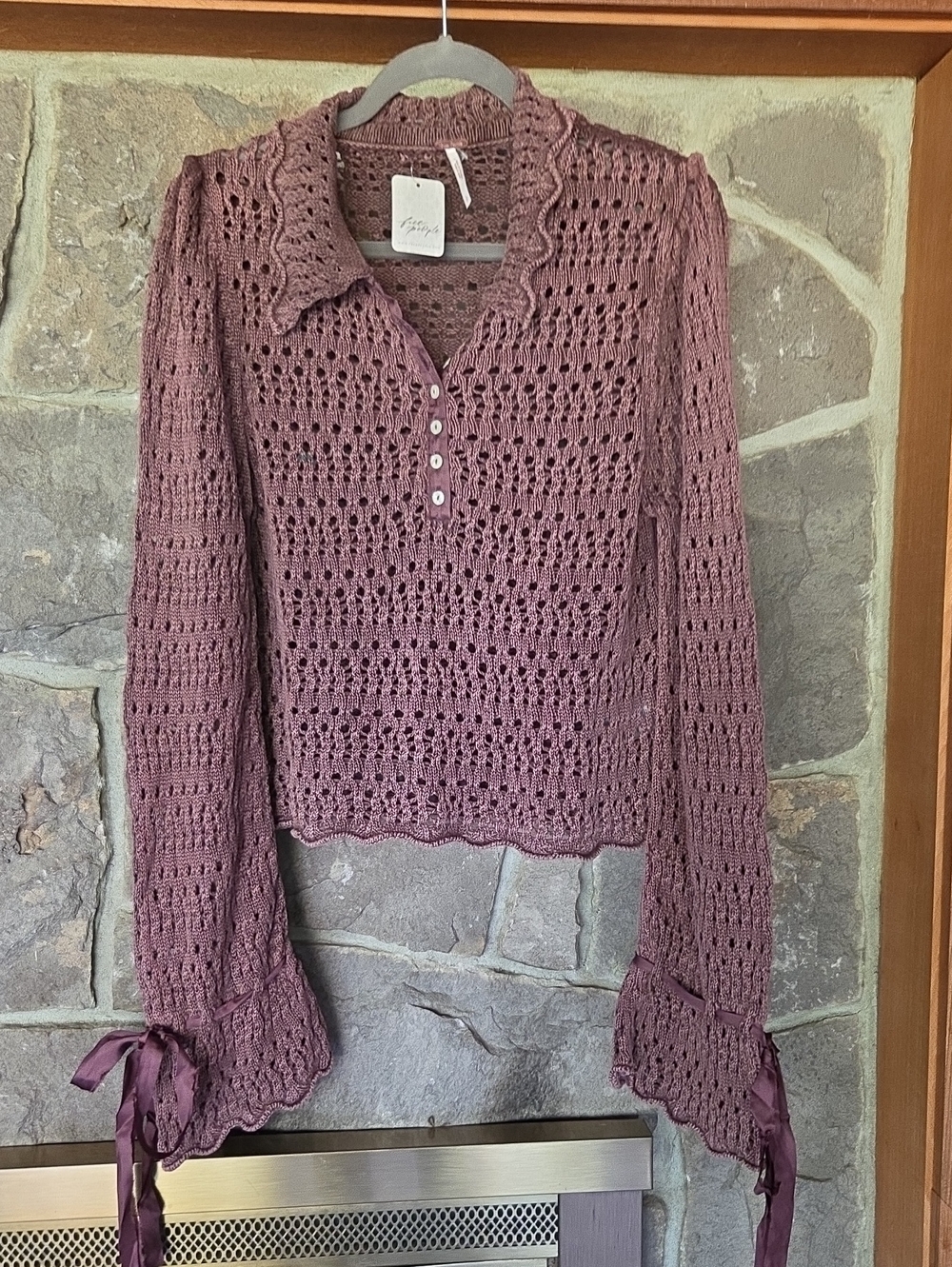 Free People Mauve Crochet Knit Button-Front Long Sleeve Top